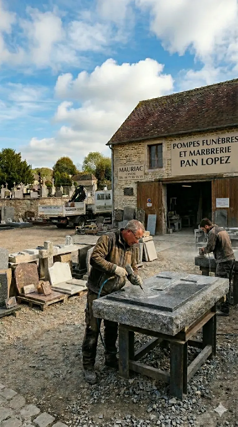 Artisans marbriers sculptant et gravant une pierre tombale en pierre naturelle.
