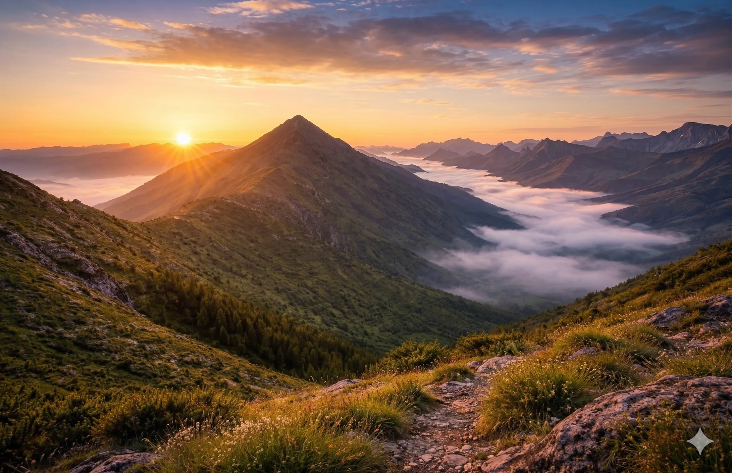 Paysage de montagnes verdoyantes au lever du soleil avec une mer de nuages.